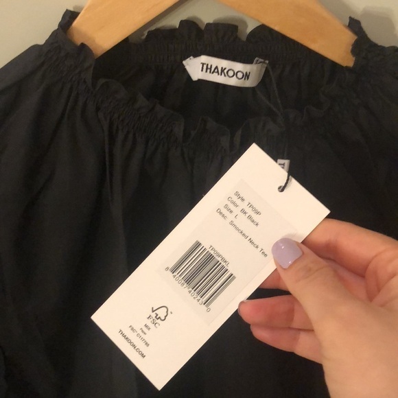 Thakoon | NWT Black Smocked Neck Tee - Size Large - Picture 6 of 8
